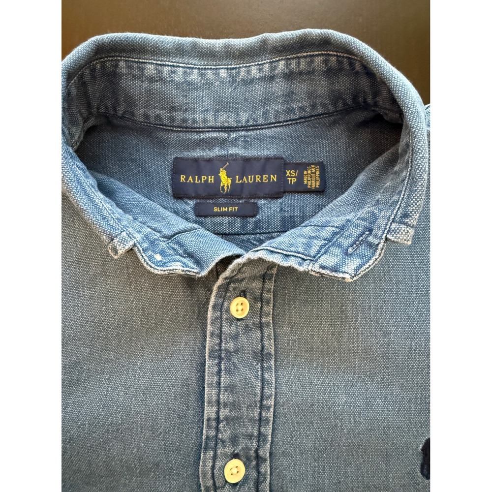 Ralph Lauren Slim Fit Chambray Shirt Men XS Indigo Short Sleeve Collar Button-Up
